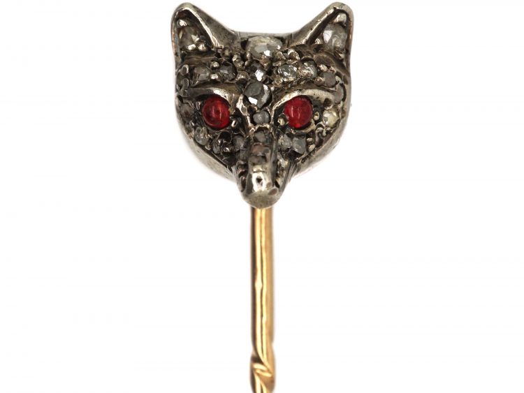 Edwardian Fox Head Tie Pin Studded with Rose Diamonds & Ruby Eyes