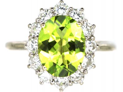 18ct White Gold, Peridot & Diamond Cluster Ring