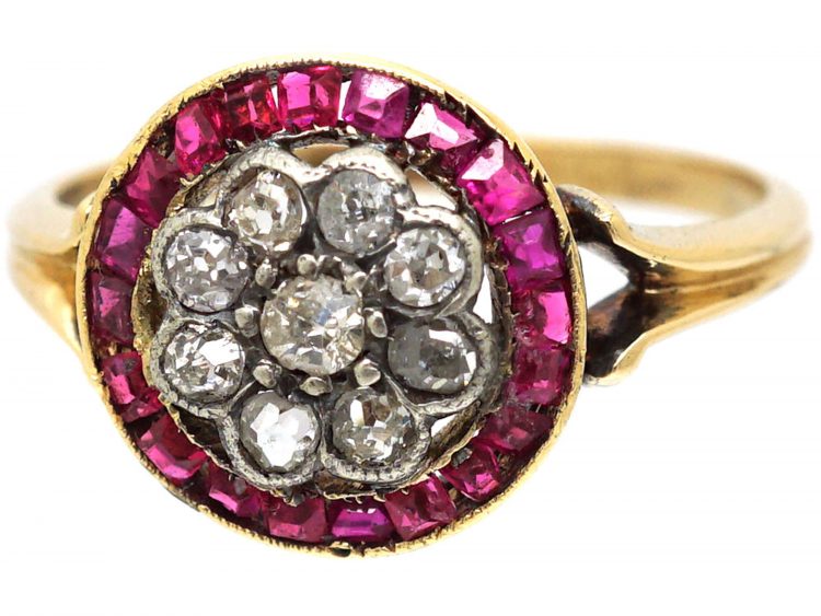Art Deco 18ct Gold and Platinum, Ruby and Diamond Target Cluster Ring