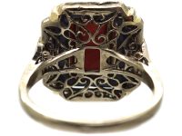 Art Deco 18ct White Gold Coral, Onyx and Diamond Ring