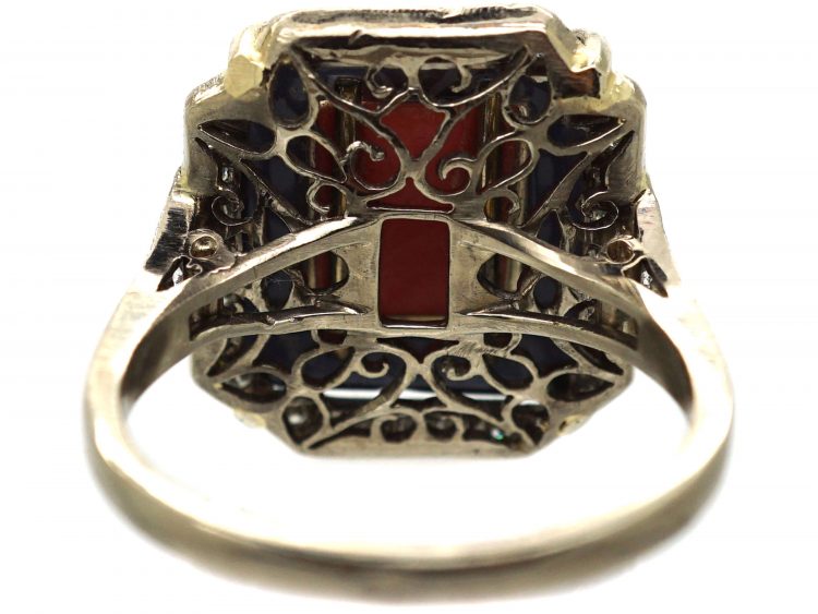 Art Deco 18ct White Gold Coral, Onyx and Diamond Ring