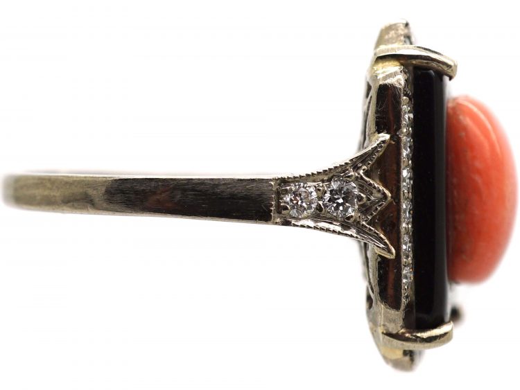 Art Deco 18ct White Gold Coral, Onyx and Diamond Ring