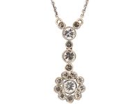 Edwardian 18ct White Gold Diamond Cluster Drop Pendant on Chain