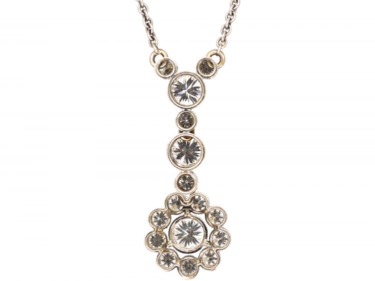 Edwardian 18ct White Gold Diamond Cluster Drop Pendant on Chain