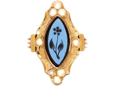 Victorian 18ct Gold Forget Me Not Ring set with Onyx & Natural Split Pearls