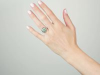 Art Deco 18ct Gold and Platinum, Emerald and Diamond Target Ring with Scalloped Surround