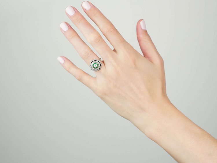 Art Deco 18ct Gold and Platinum, Emerald and Diamond Target Ring with Scalloped Surround