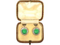 Art Deco 18ct White Gold, Jade & Diamond Cluster Earrings in Original Case