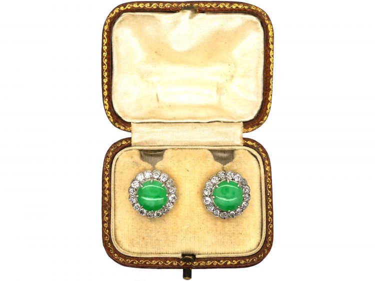 Art Deco 18ct White Gold, Jade & Diamond Cluster Earrings in Original Case
