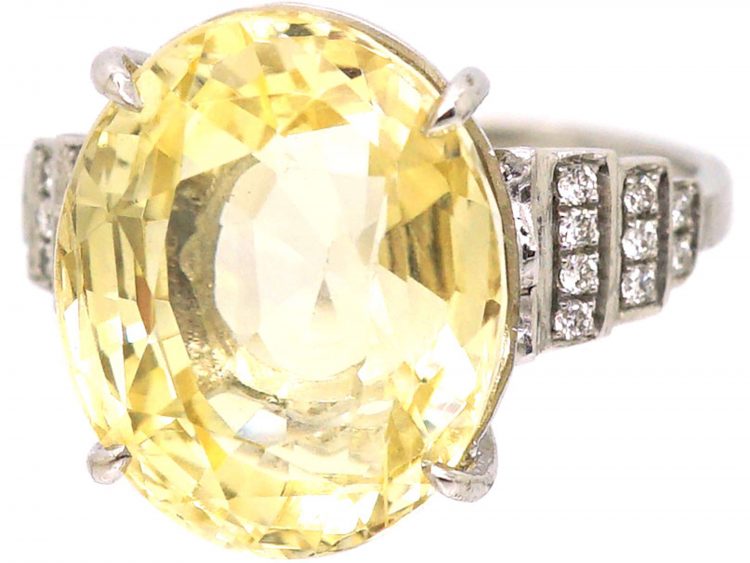 Platinum, Large Yellow Sapphire & Diamond Ring