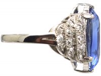 Art Deco 18ct White Gold, Large Ceylon Sapphire Ring with Old Mine Cut Stepped Shoulders