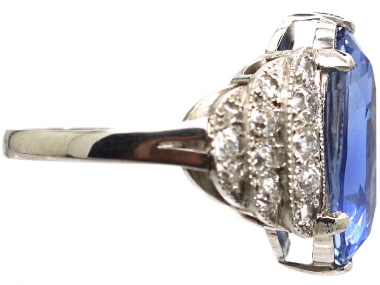 Art Deco 18ct White Gold, Large Ceylon Sapphire Ring with Old Mine Cut Stepped Shoulders