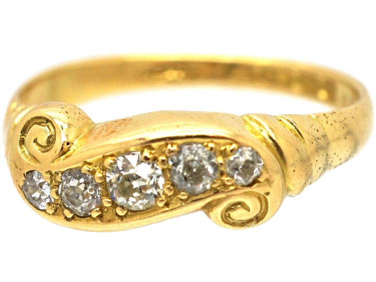 Edwardian 18ct Gold Five Stone Diamond Scroll Design Ring