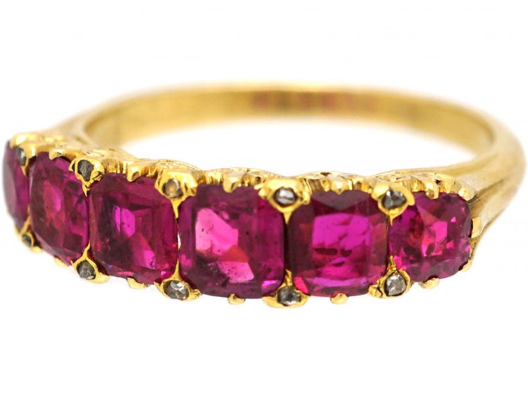 Victorian 18ct Gold, Burma Ruby Five Stone Carved Half Hoop Ring with Diamond Points