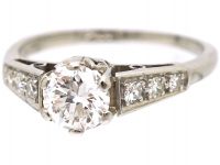 Art Deco Platinum, Diamond Solitaire Ring with Diamond Set Shoulders