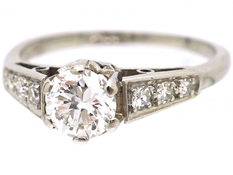 Art Deco Platinum, Diamond Solitaire Ring with Diamond Set Shoulders