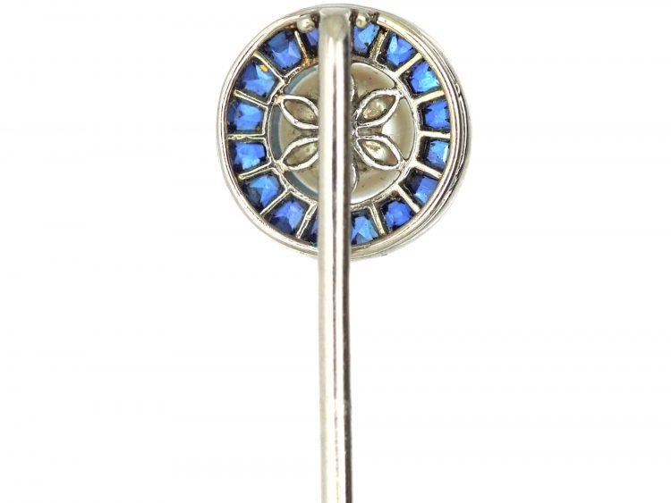Art Deco Platinum, Calibre Sapphire & Pearl Round Tie Pin