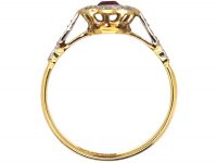 Art Deco 18ct Gold & Platinum, Ruby & Diamond Cluster Ring with Platinum Shoulders