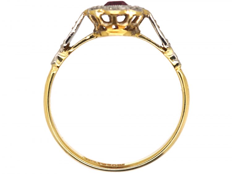 Art Deco 18ct Gold & Platinum, Ruby & Diamond Cluster Ring with Platinum Shoulders