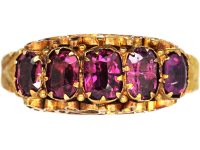 Victorian 15ct Gold, Five Stone Almandine Garnet Ring with Engraved Shank