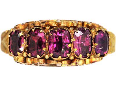 Victorian 15ct Gold, Five Stone Almandine Garnet Ring with Engraved Shank