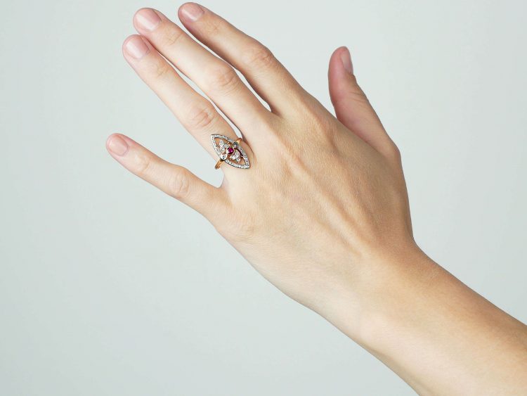 Art Nouveau 18ct Gold & Platinum, Rose Diamond & Ruby Marquise Ring