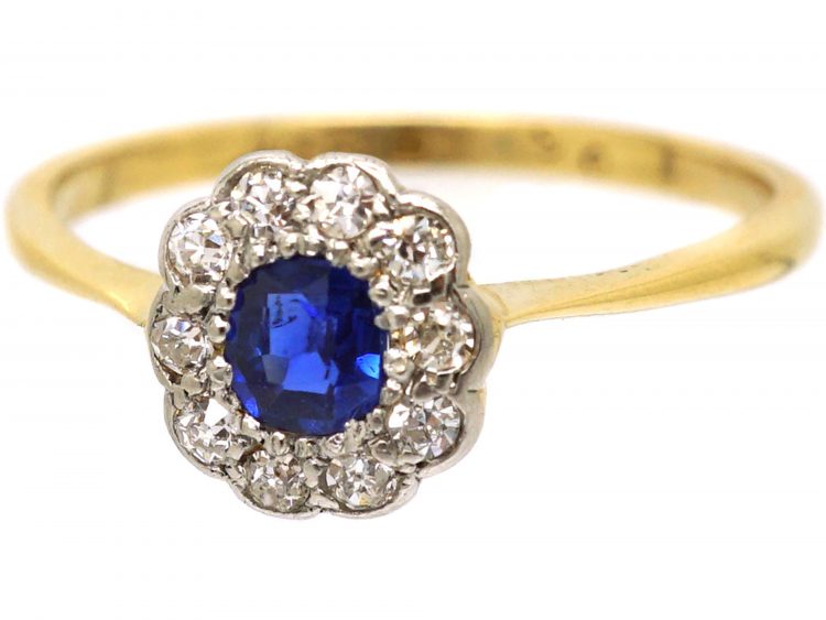 Edwardian 18ct Gold & Platinum, Sapphire & Diamond Cluster Ring