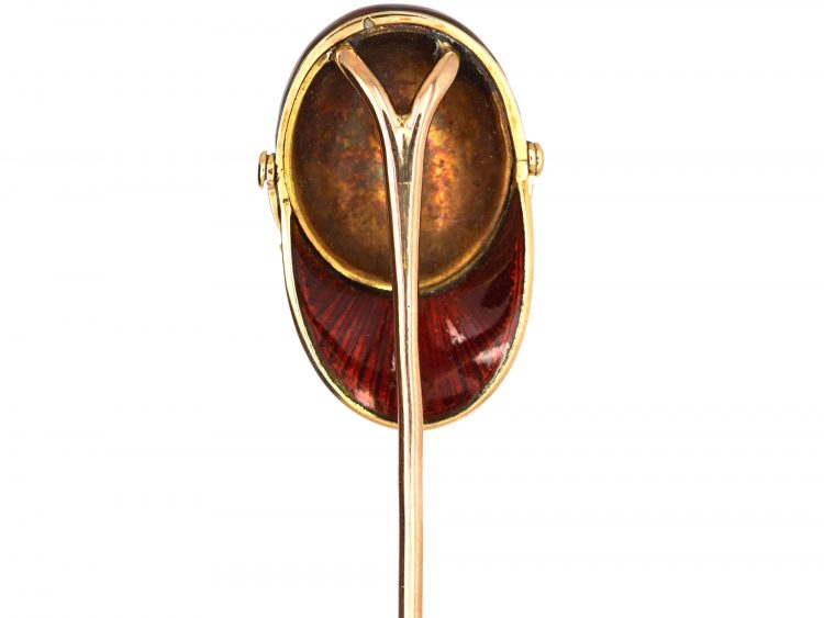 Victorian 15ct Gold Tie Pin of a Jockey Cap with Guilloche Red Enamel
