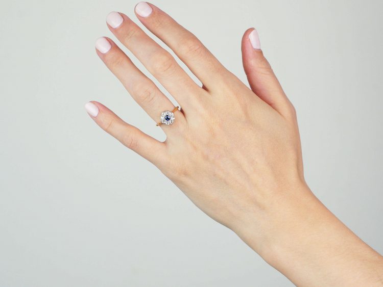 Edwardian 18ct Gold and Platinum, Diamond and Sapphire Cluster Ring