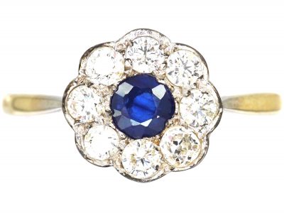Edwardian 18ct Gold & Platinum, Sapphire & Diamond Cluster Ring