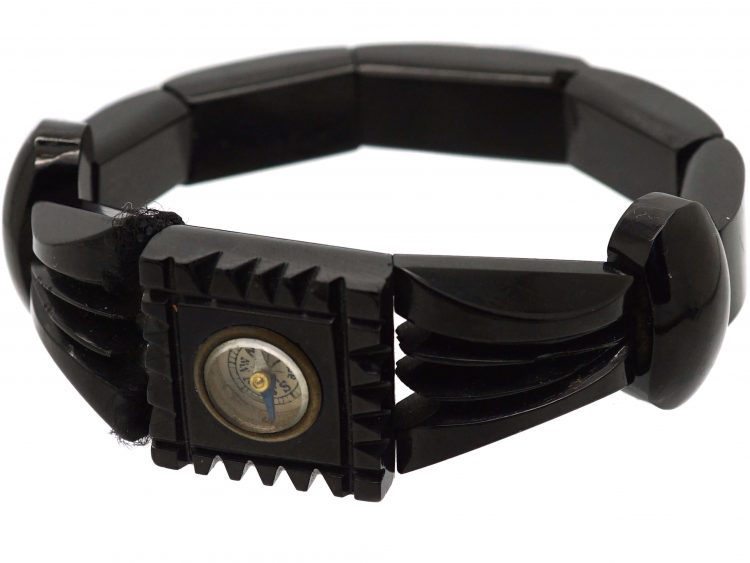 Victorian Whitby Jet Bracelet with Compass set in to the Centre