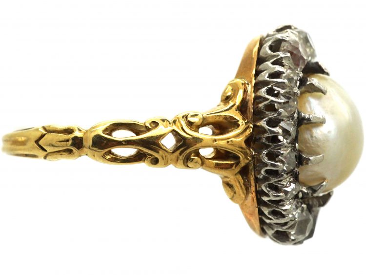 Victorian 18ct Gold, Natural Pearl & Old Mine Cut Diamond Cluster Ring