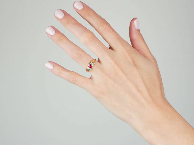 Edwardian 18ct Gold, Burma Ruby and Diamond Scroll Ring