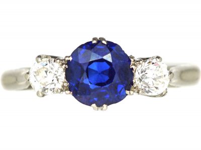 Art Deco Platinum, Sapphire and Diamond Three Stone Ring