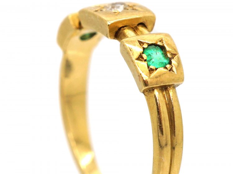 Victorian 18ct Gold Emerald and Diamond Ring with Square Mounts