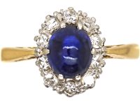 Art Deco 18ct Gold, Cabochon Sapphire & Diamond Cluster Ring