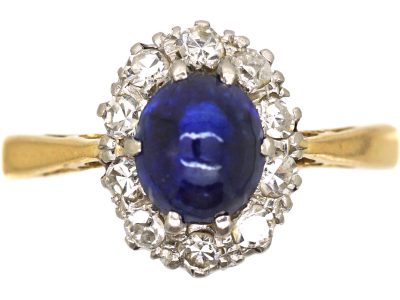 Art Deco 18ct Gold, Cabochon Sapphire & Diamond Cluster Ring