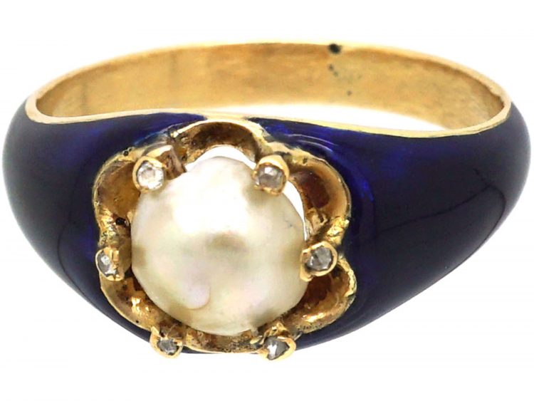 Victorian 18ct Gold, Blue Enamel, Rose Diamond & Natural Pearl Ring