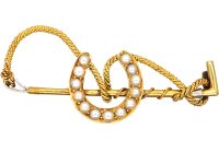Edwardian 18ct Gold & Platinum, Riding Crop & Horseshoe Brooch set with Natural Split Pearls