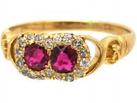 Edwardian 18ct Gold, Ruby and Diamond Conjoined Double Cluster Ring
