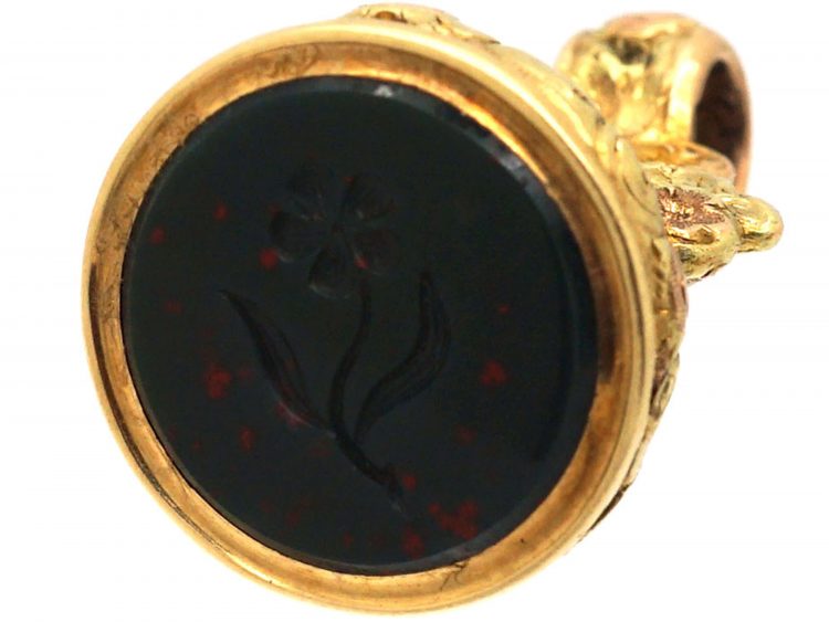 Georgian Three Colour 15ct Gold Seal with Bloodstone Intaglio of Flower