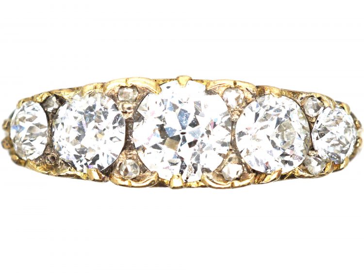 Victorian 18ct Gold, Five Stone Diamond Carved Half Hoop Ring
