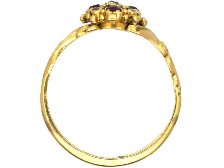 Regency 18ct Gold, Ruby & Diamond Cluster Ring with Leaf Shoulders