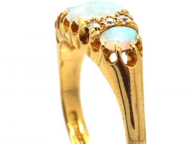 Edwardian 18ct Gold, Three Stone Opal & Diamond Ring