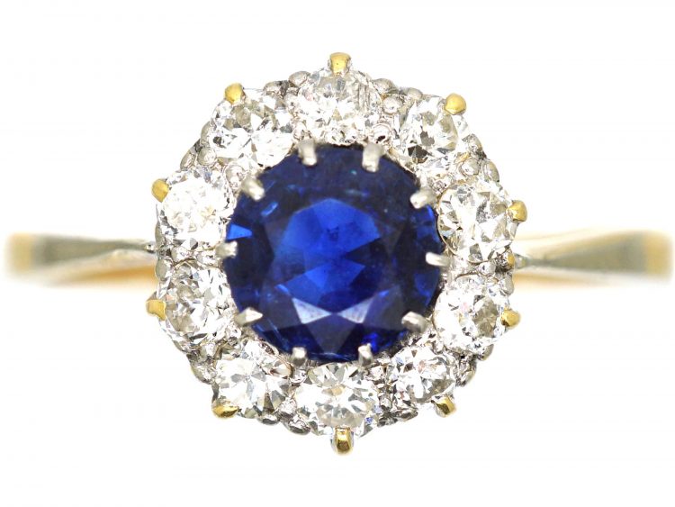 Edwardian 18ct Gold and Platinum, Sapphire and Diamond Cluster Ring