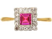 Art Deco 18ct Gold & Platinum, Ruby & Diamond Square Ring