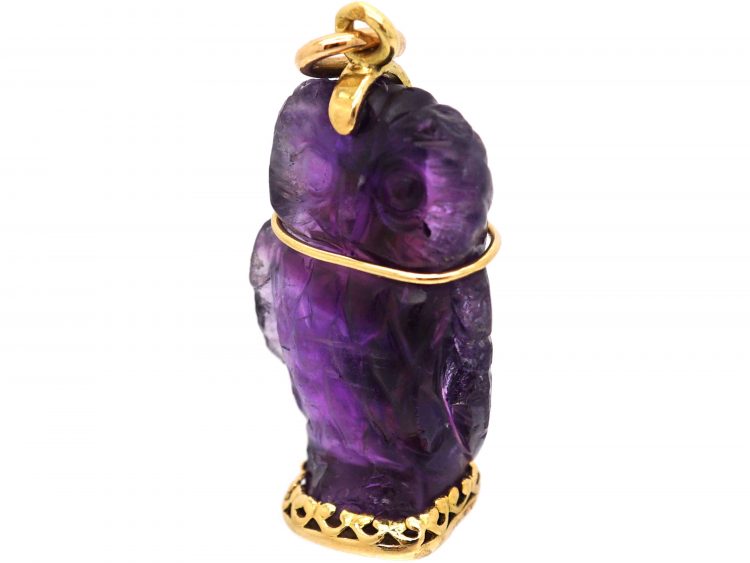 French 18ct Gold & Carved Amethyst Pendant of an Owl