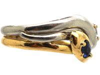 Art Deco 18ct Gold and Platinum Double Snake Ring set with a Sapphire and Diamond