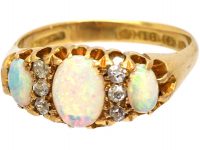 Edwardian 18ct Gold, Three Stone Opal & Diamond Ring