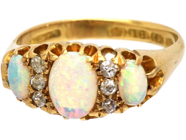 Edwardian 18ct Gold, Three Stone Opal & Diamond Ring